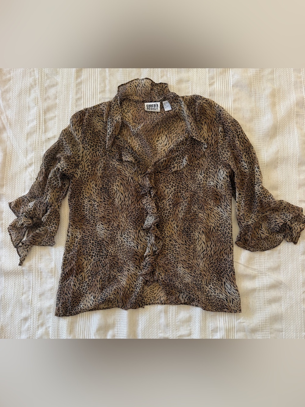 Chico's Design 100% Silk Sheer Leopard Print Ruffle Blouse Vintage Size 1 Medium